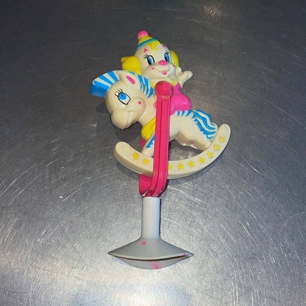 Vtg 60s/70s plastic‎ clown & rocking horse rattle on a suction cup baby toy